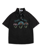 American washed distressed floral lapel short sleeves