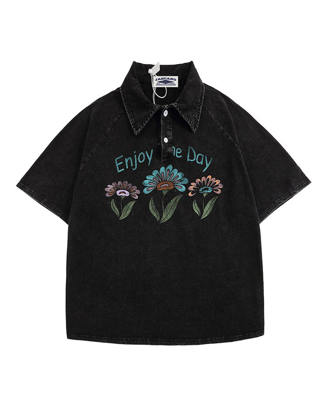 American washed distressed floral lapel short sleeves Main Image