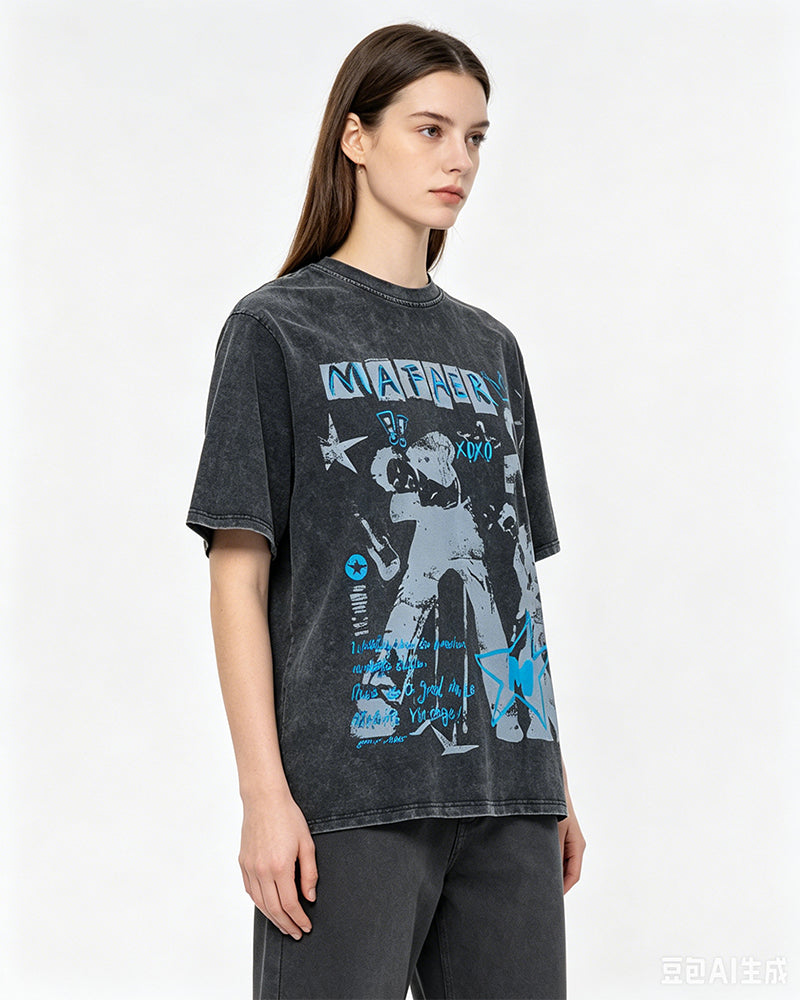 Vintage washed distressed short-sleeved shirt