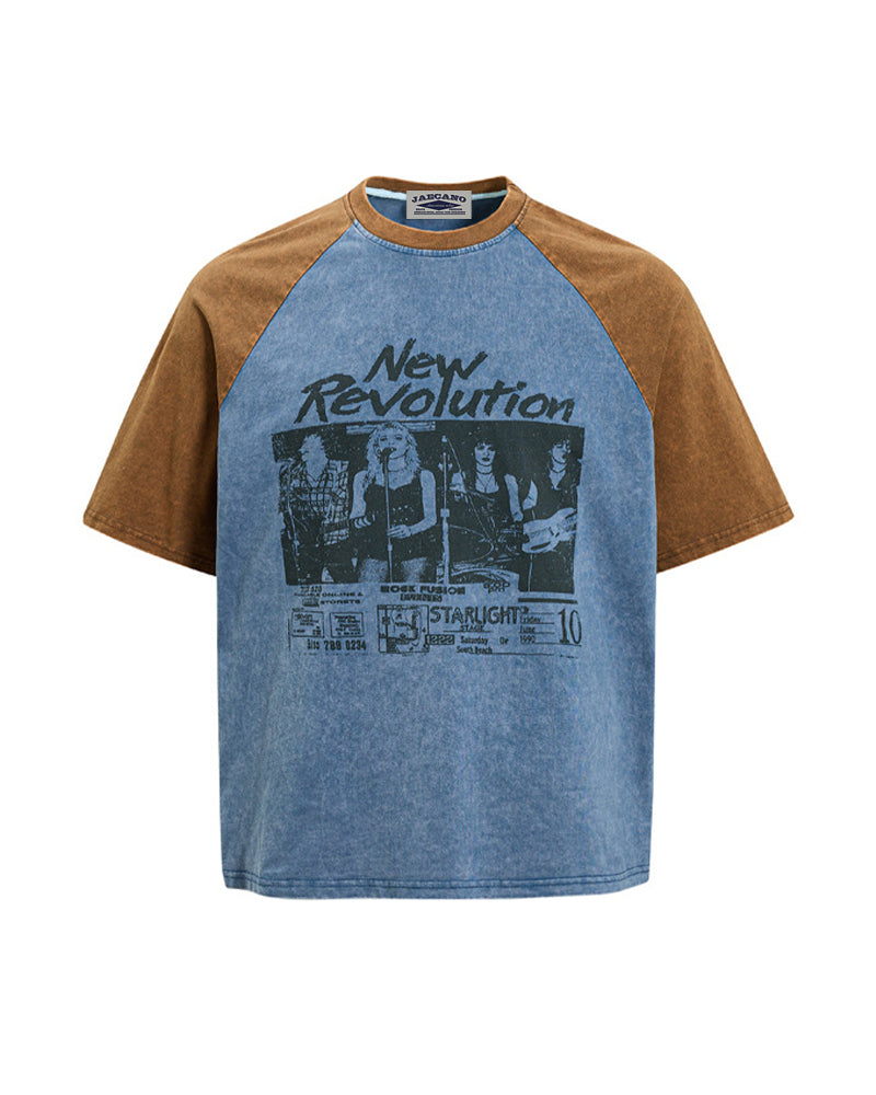 Retro color-blocked raglan sleeve short sleeve