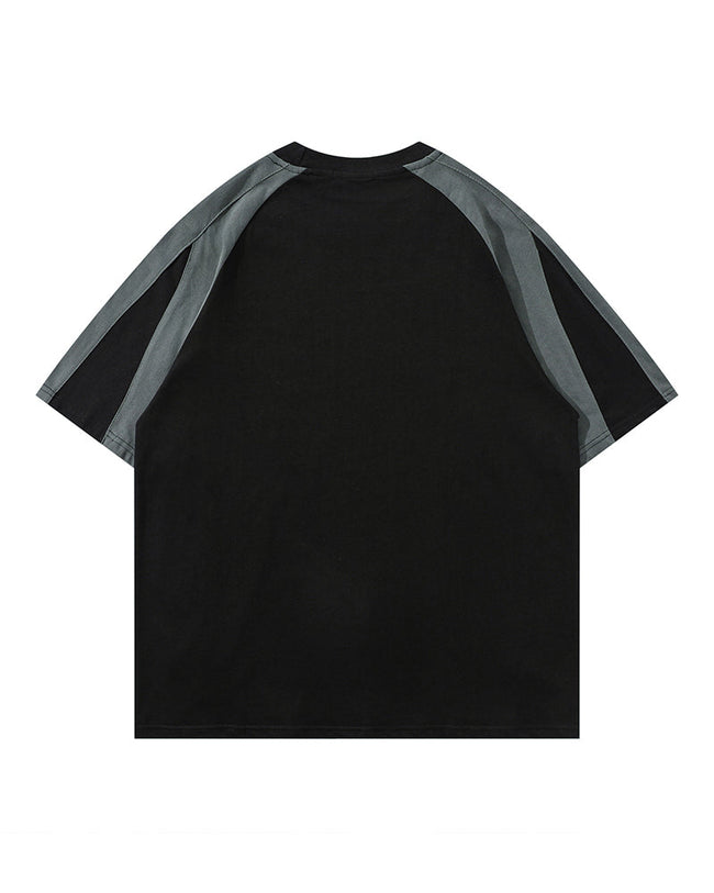 Retro stitching contrast color loose short sleeves Main Image
