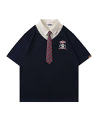 Retro stitching polo collar short sleeves