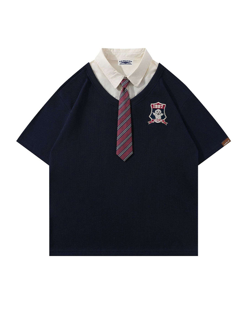 Retro stitching polo collar short sleeves