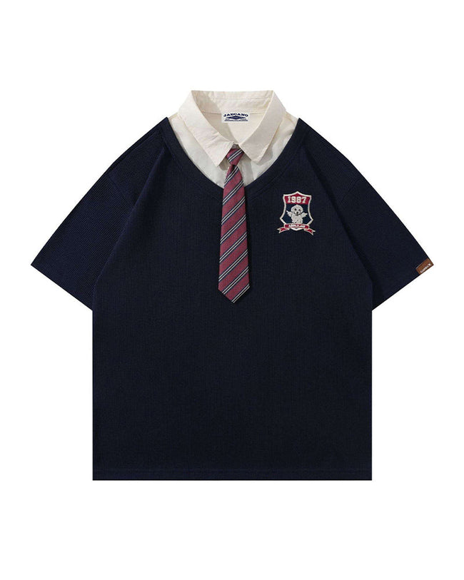Retro stitching polo collar short sleeves Hover Image