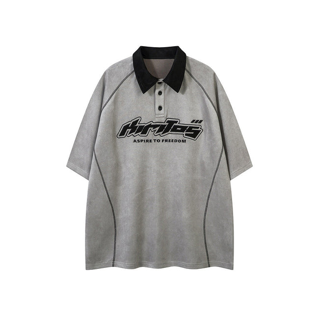 Contrast color letter lapel short sleeves Hover Image