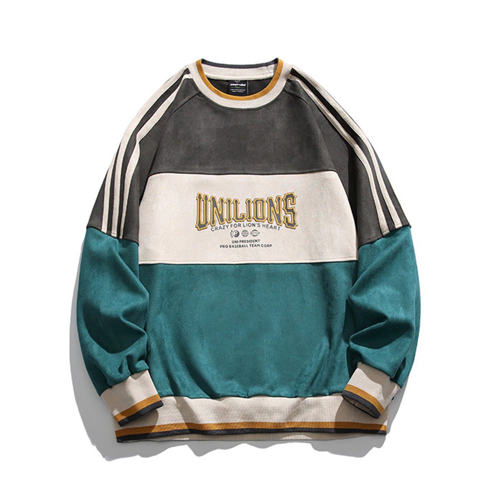 American retro contrast color patchwork crew neck sweatshirt