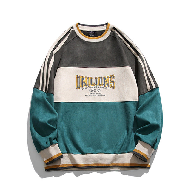 American retro contrast color patchwork crew neck sweatshirt Hover Image