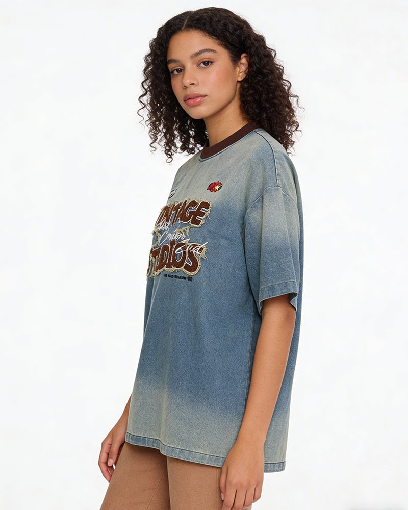 Retro denim short-sleeved shirt