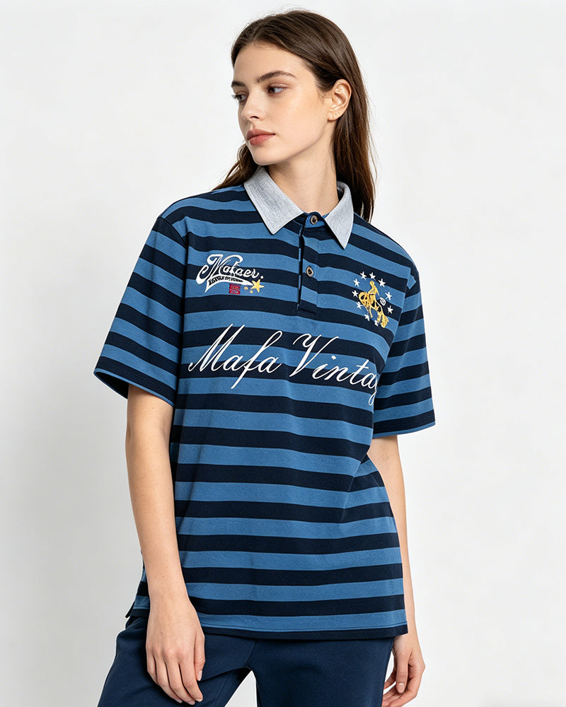 Retro striped embroidered short-sleeved shirt