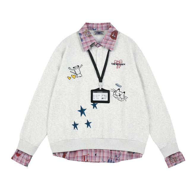 Cute cat embroidery fake two-piece sweatshirt Hover Image