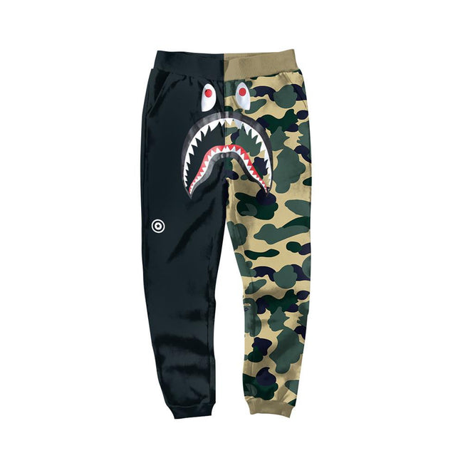 BAPE Black Khaki Split Camo Shark Face Graphic Jogger Pants Unisex Streetwear Sweatpants Main Image