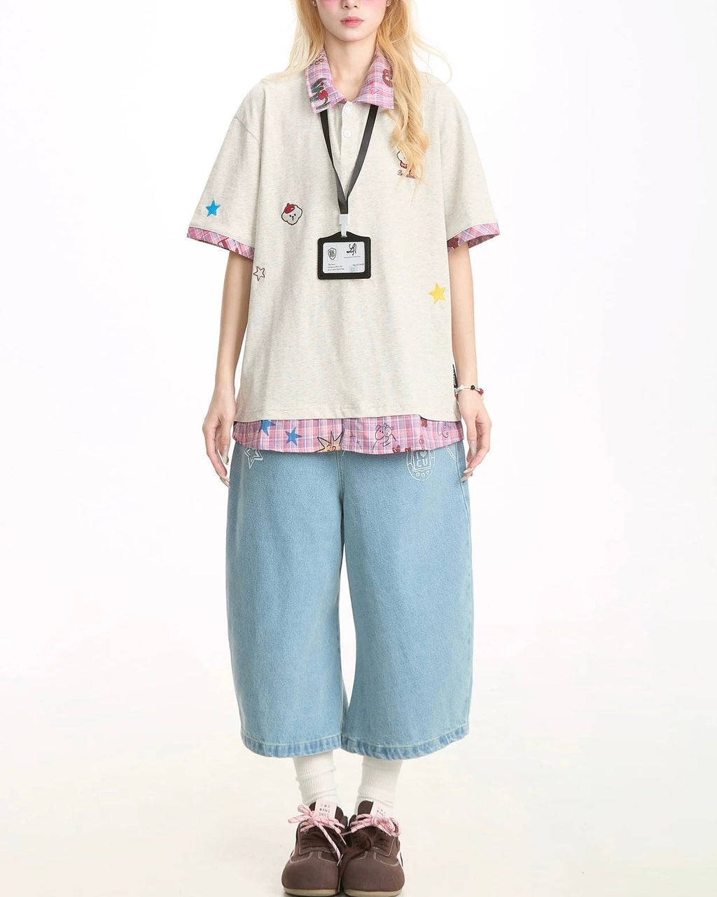 Plaid patchwork fake two-piece short sleeves