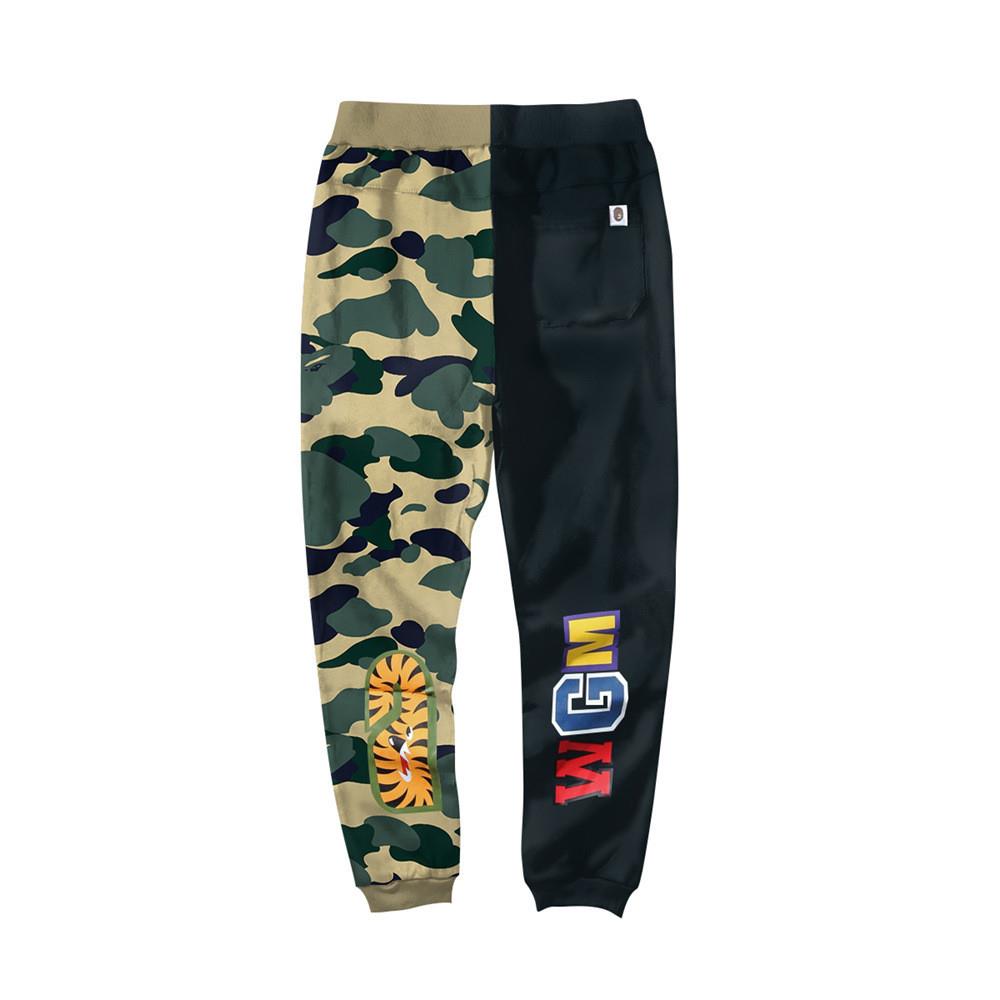 BAPE Black Khaki Split Camo Shark Face Graphic Jogger Pants Unisex Streetwear Sweatpants