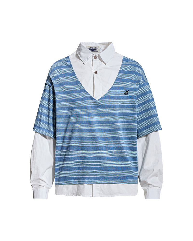 Faux two-piece polo shirt with spliced long sleeves