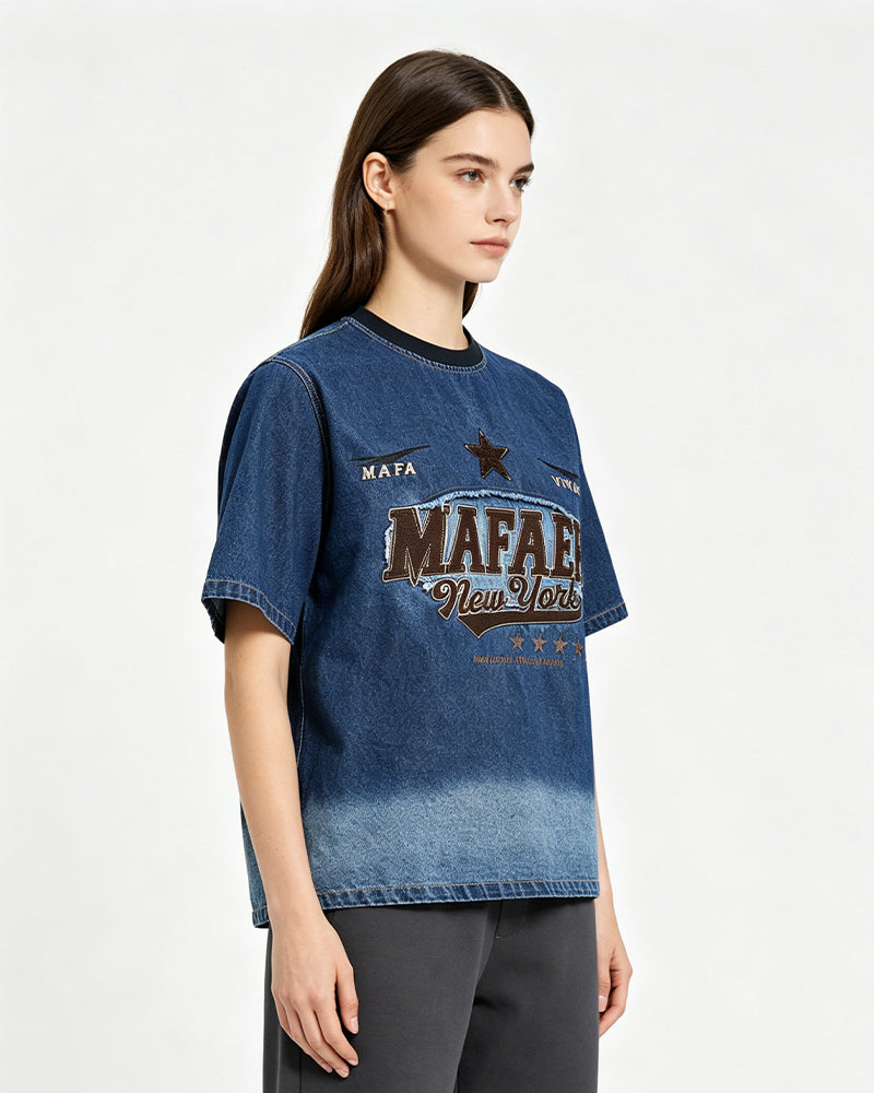 Gradient denim washed short-sleeved shirt