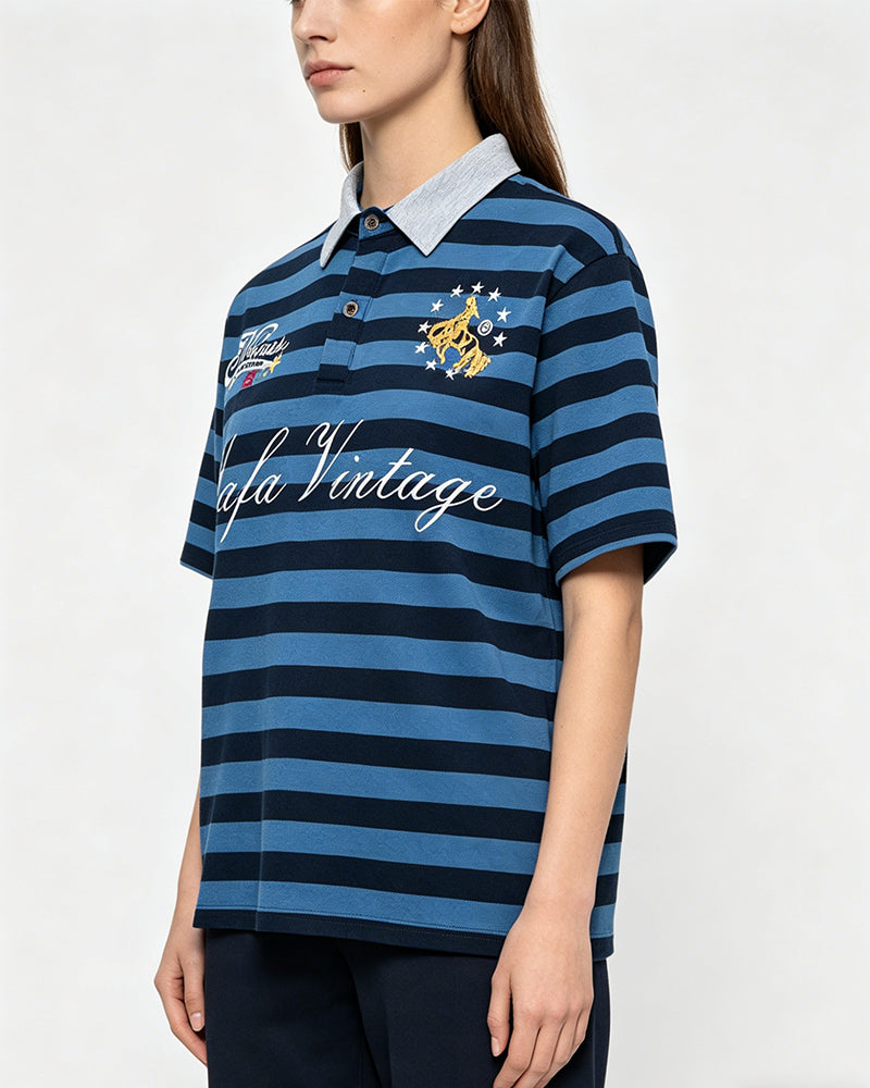 Retro striped embroidered short-sleeved shirt