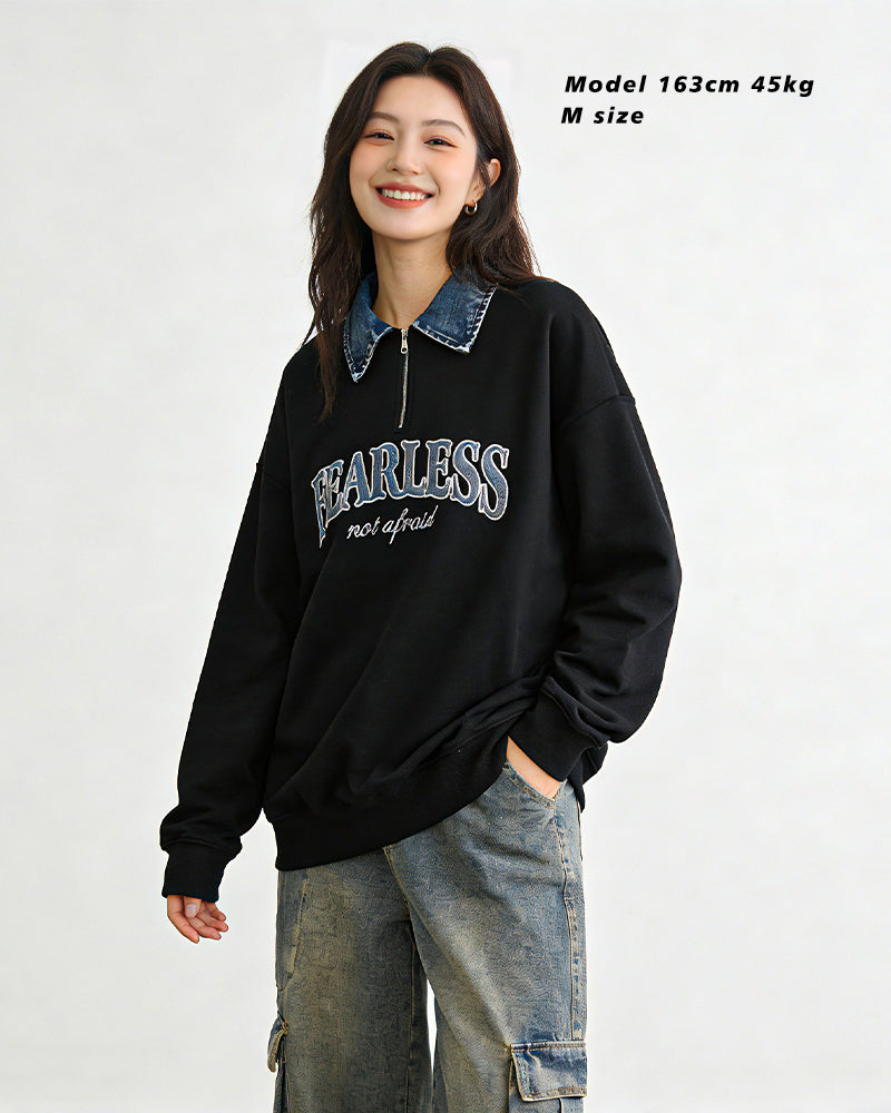 American retro version zipper denim lapel sweatshirt