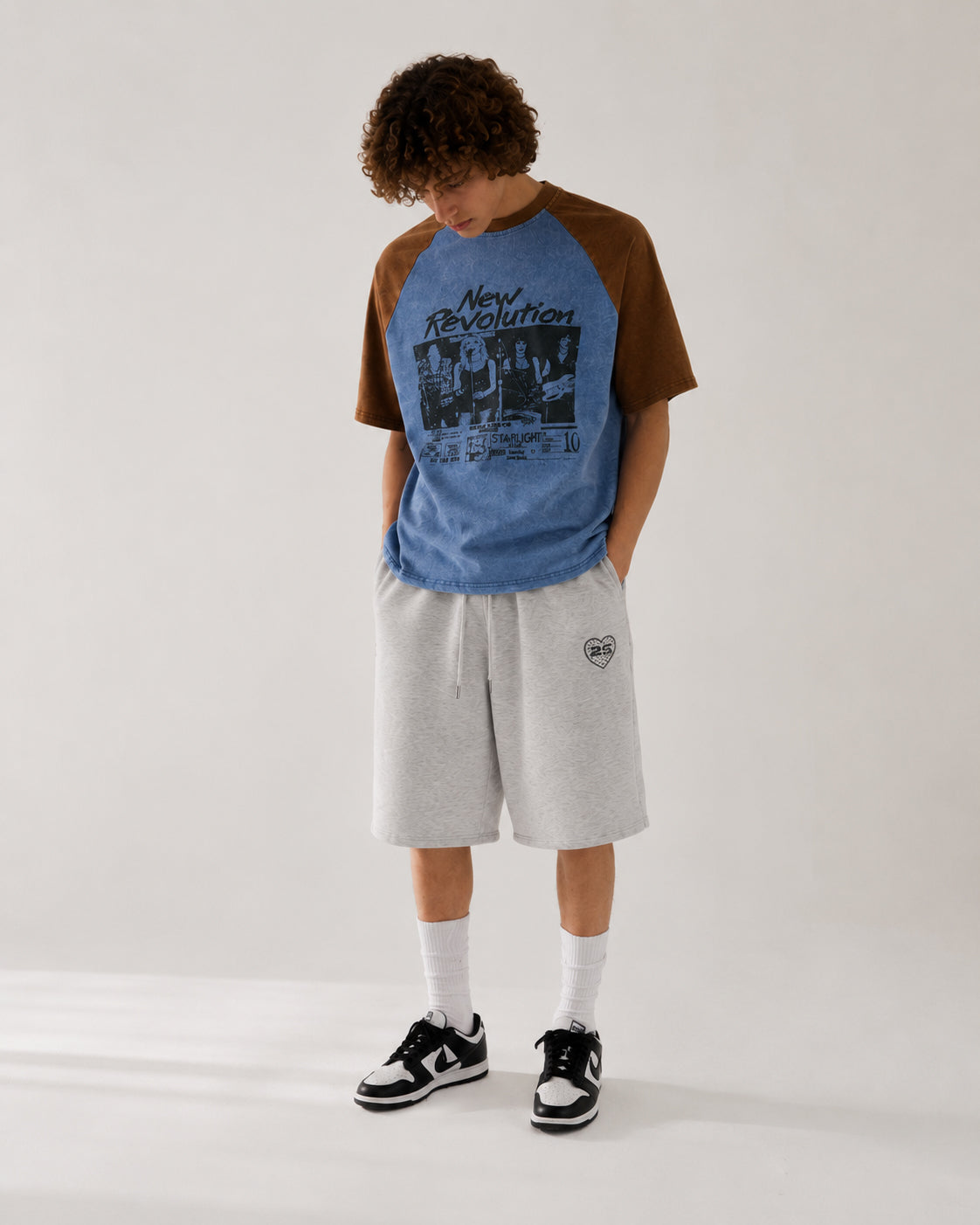 Retro color-blocked raglan sleeve short sleeve