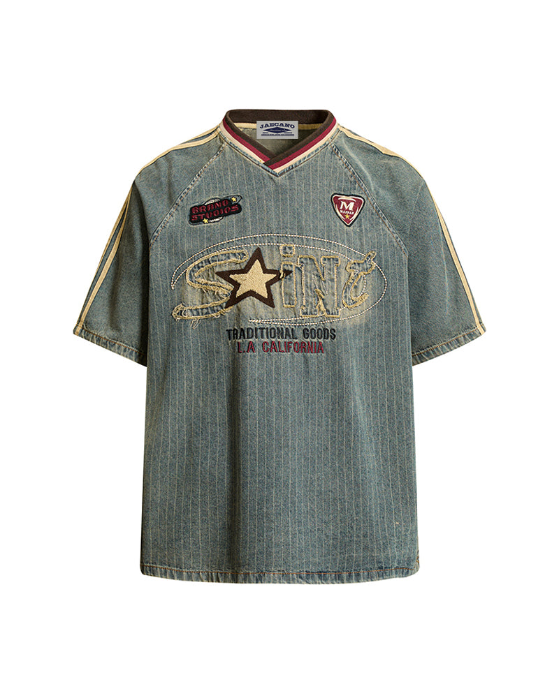 Distressed denim short-sleeved shirt with appliqué