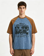 Retro color-blocked raglan sleeve short sleeve