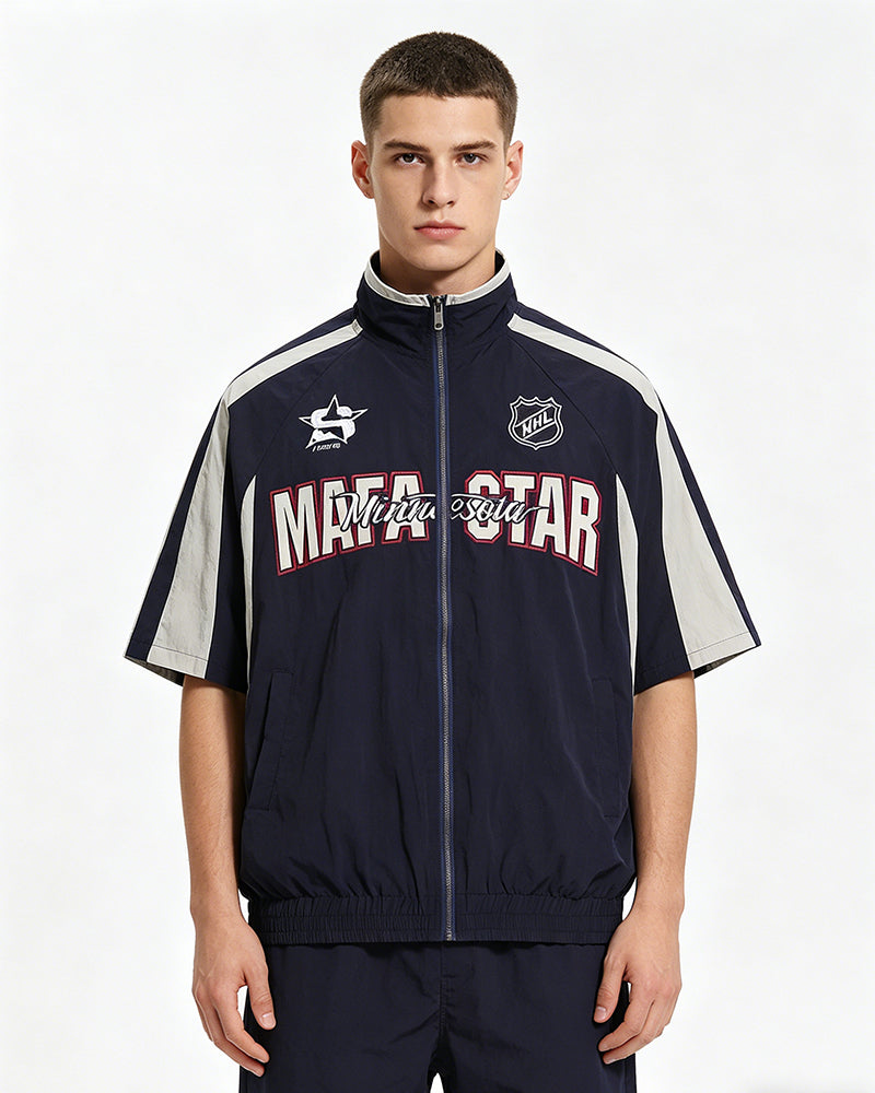American retro patchwork sports short-sleeved jacket