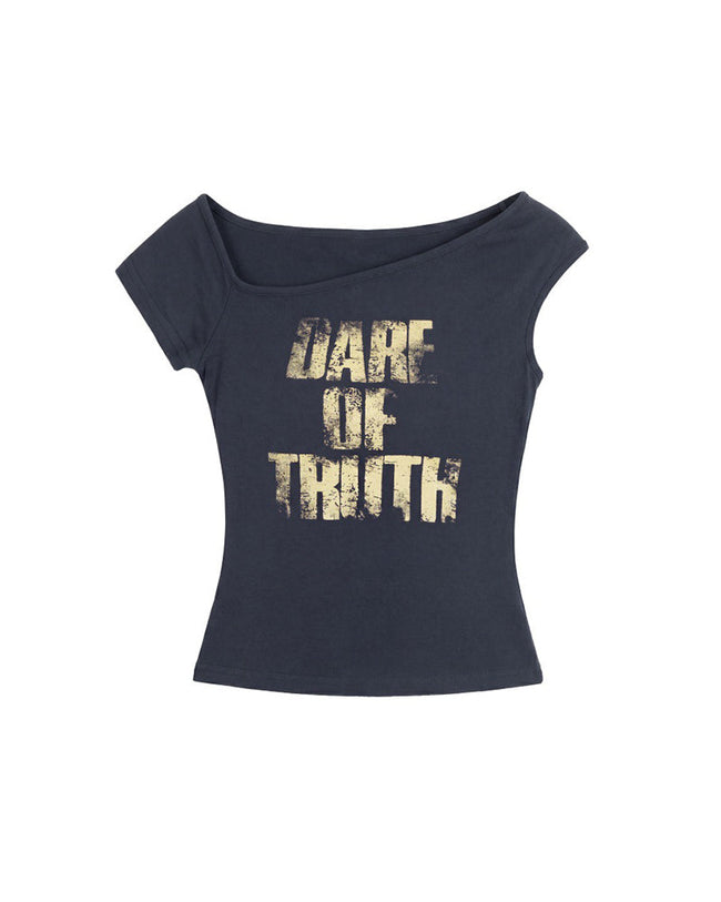 Asymmetrical neckline, fitted short-sleeved top (women's) Hover Image