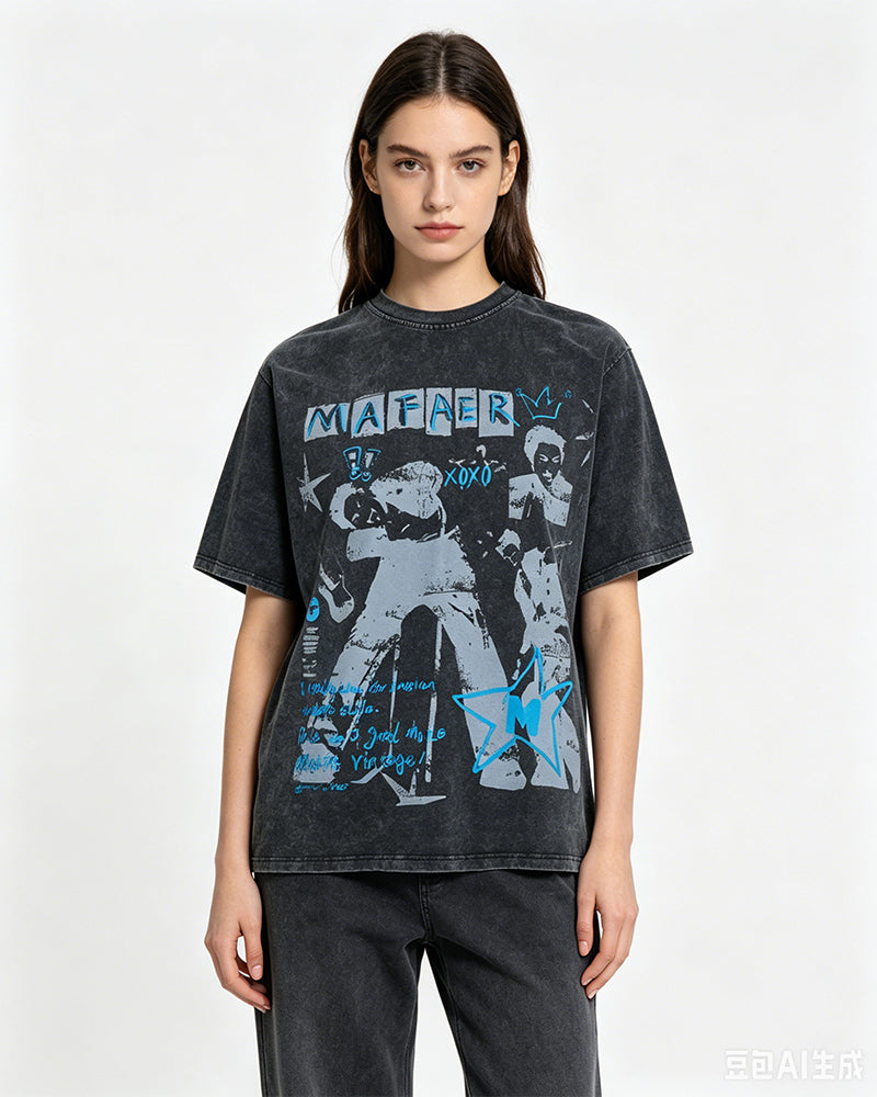 Vintage washed distressed short-sleeved shirt