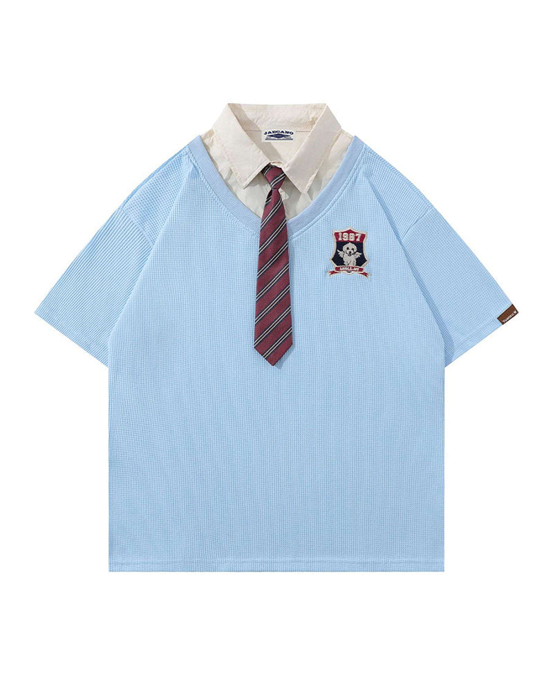 Retro stitching polo collar short sleeves