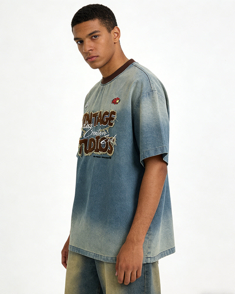 Retro denim short-sleeved shirt