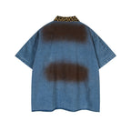 Distressed embroidered denim short-sleeved shirt