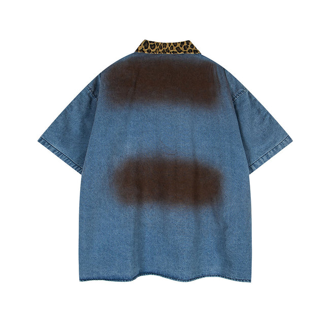 Distressed embroidered denim short-sleeved shirt Main Image