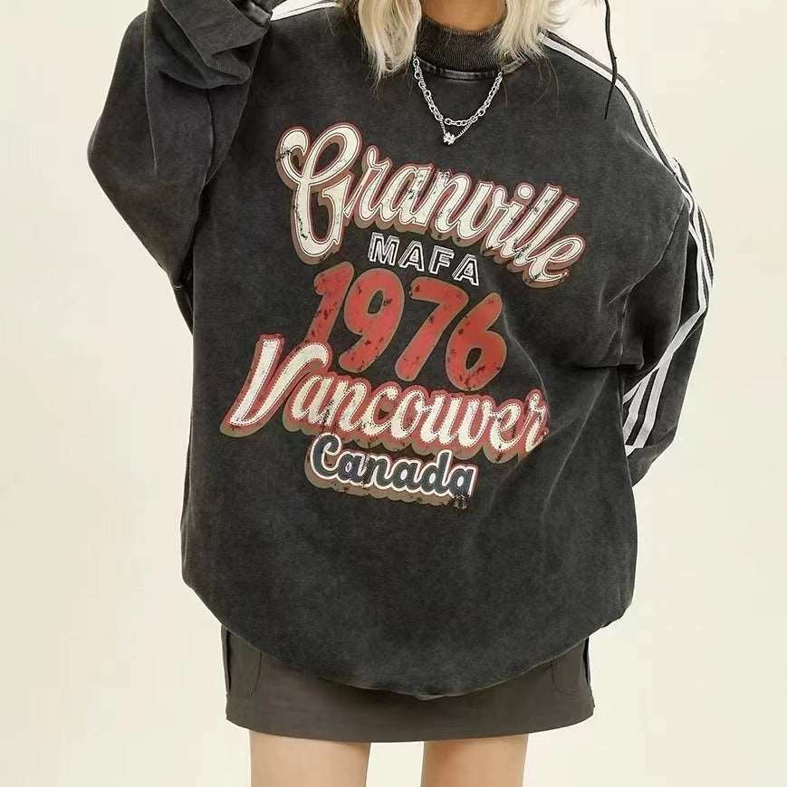 Retro distressed round neck sweatshirt