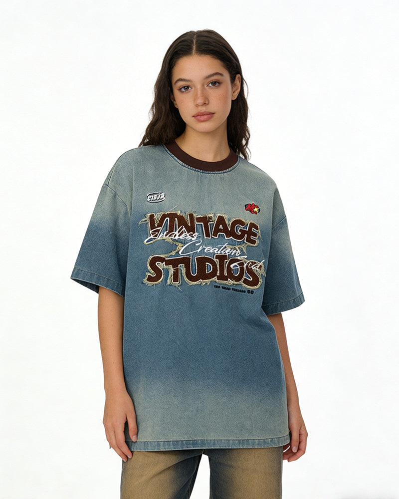 Retro denim short-sleeved shirt