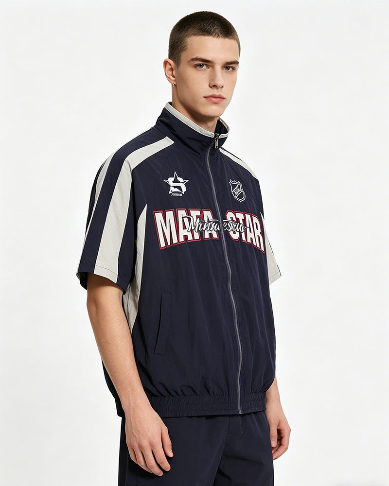American retro patchwork sports short-sleeved jacket