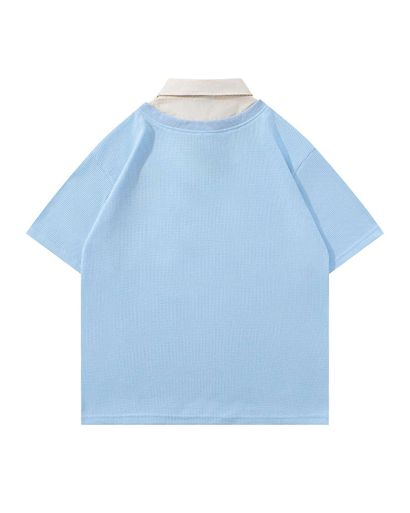 Retro stitching polo collar short sleeves