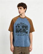 Retro color-blocked raglan sleeve short sleeve