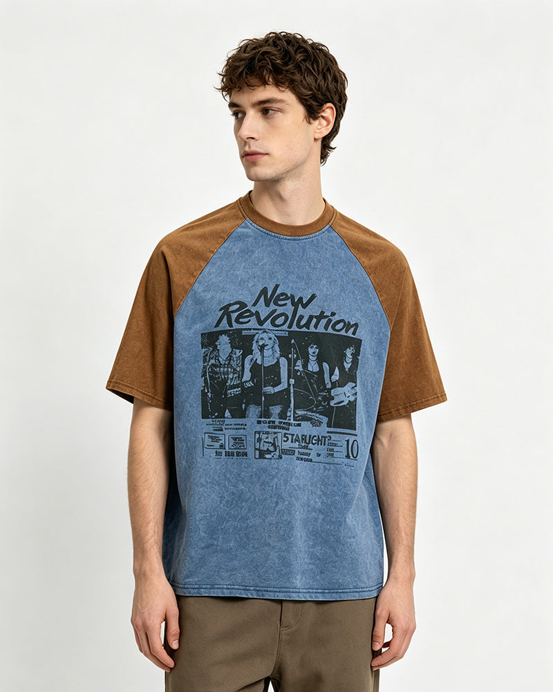 Retro color-blocked raglan sleeve short sleeve