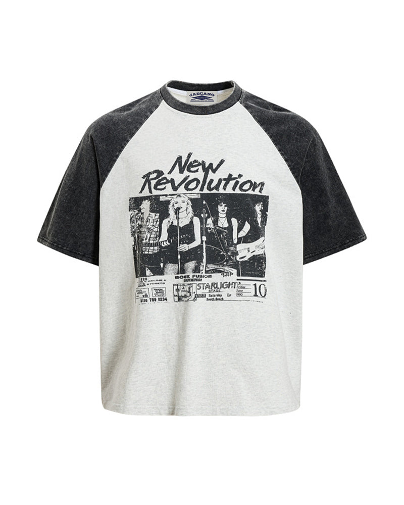 Retro color-blocked raglan sleeve short sleeve