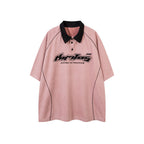 Contrast color letter lapel short sleeves