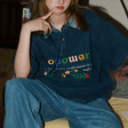 Retro floral colorful letter embroidered denim short sleeves