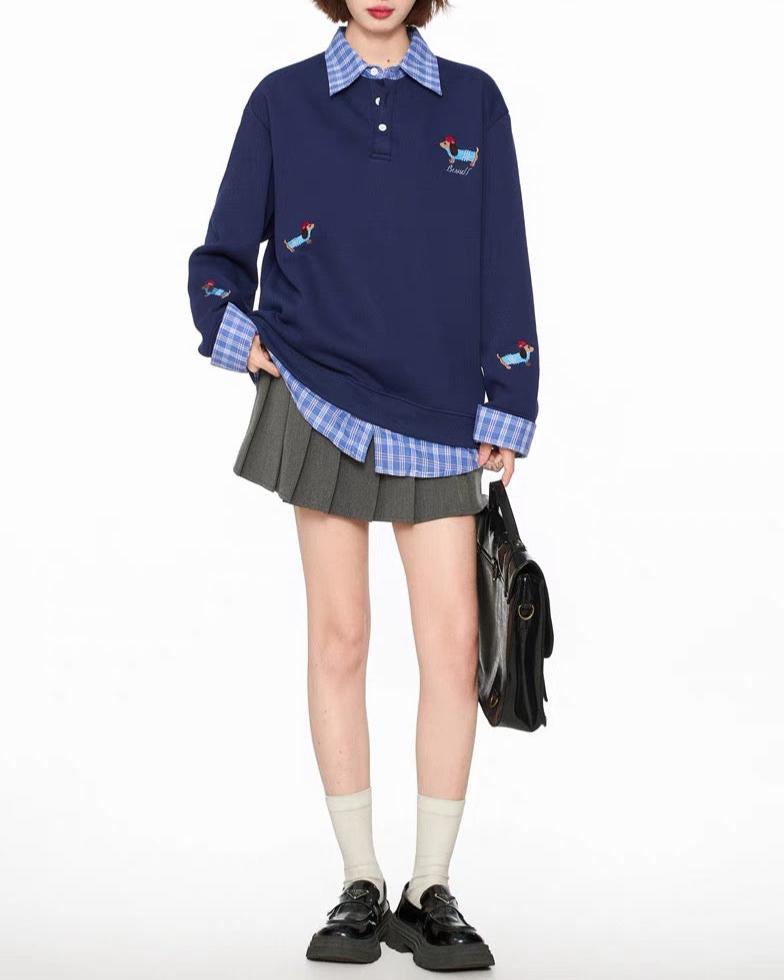 Spliced plaid fake two-piece polo sweatshirt