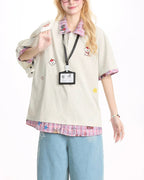 Plaid patchwork fake two-piece short sleeves