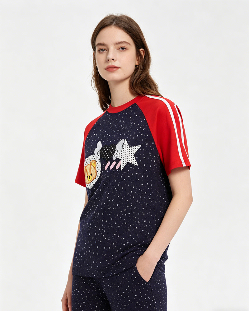Bear-print color-blocked short-sleeved T-shirt (women's)