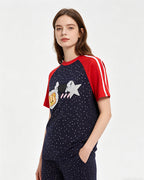 Bear-print color-blocked short-sleeved T-shirt (women's)