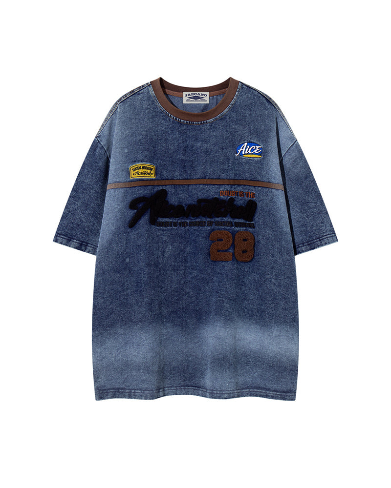 Appliqué Embroidered Denim Short-Sleeve T-Shirt