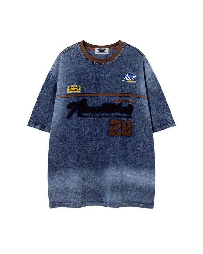 Appliqué Embroidered Denim Short-Sleeve T-Shirt Main Image