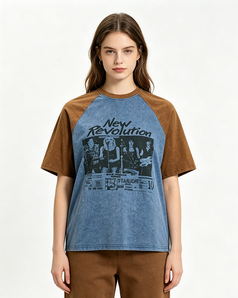 Retro color-blocked raglan sleeve short sleeve