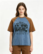 Retro color-blocked raglan sleeve short sleeve
