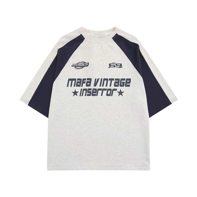 American letter print patchwork raglan oversize short sleeves Hover Image