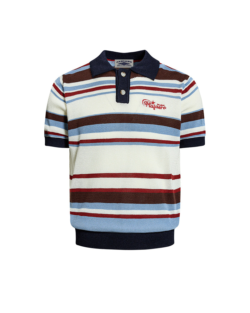 Embroidered striped color-blocked short-sleeved shirt